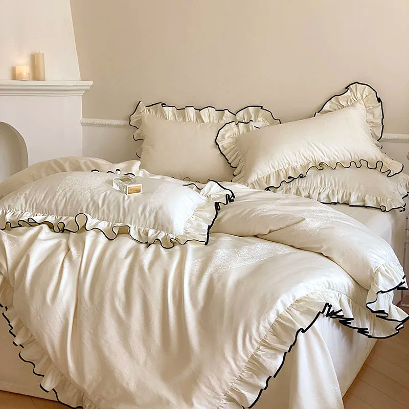 Luxury Egyptian Cotton Bed Set - French Princess Style, Ruffled Black Edge