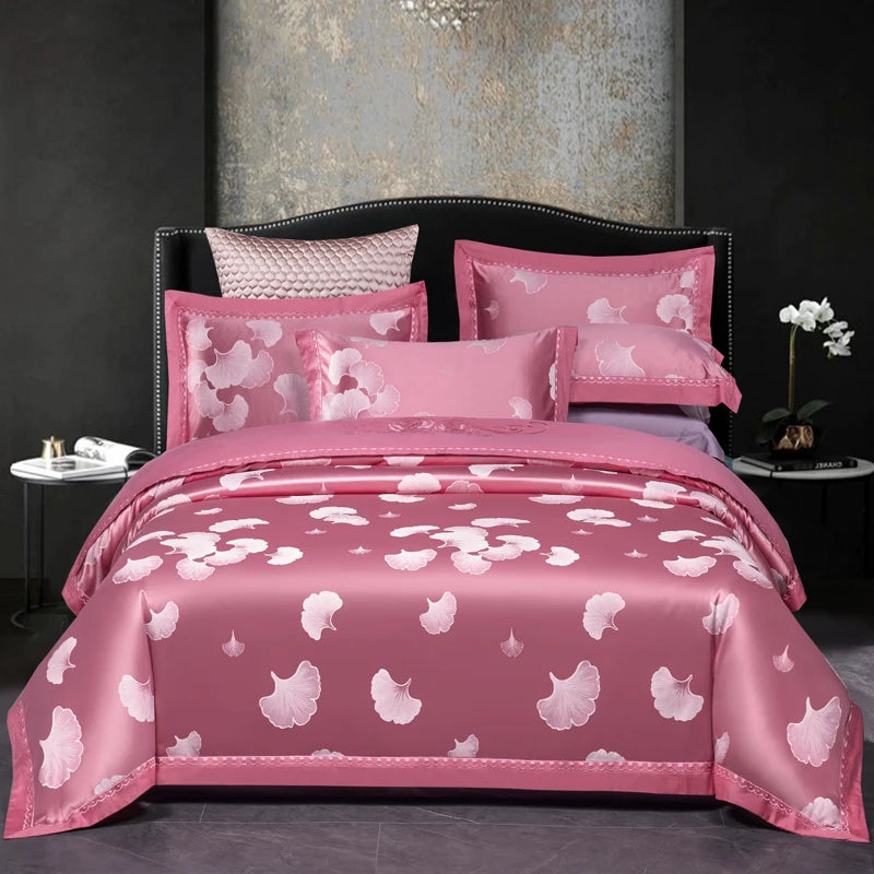 Luxury Jacquard Bedding Sets Floral Grey Pink Comfort A/B High-End Embroidery Duvet Pillowcase Flat Bed Sheet Queen King Size