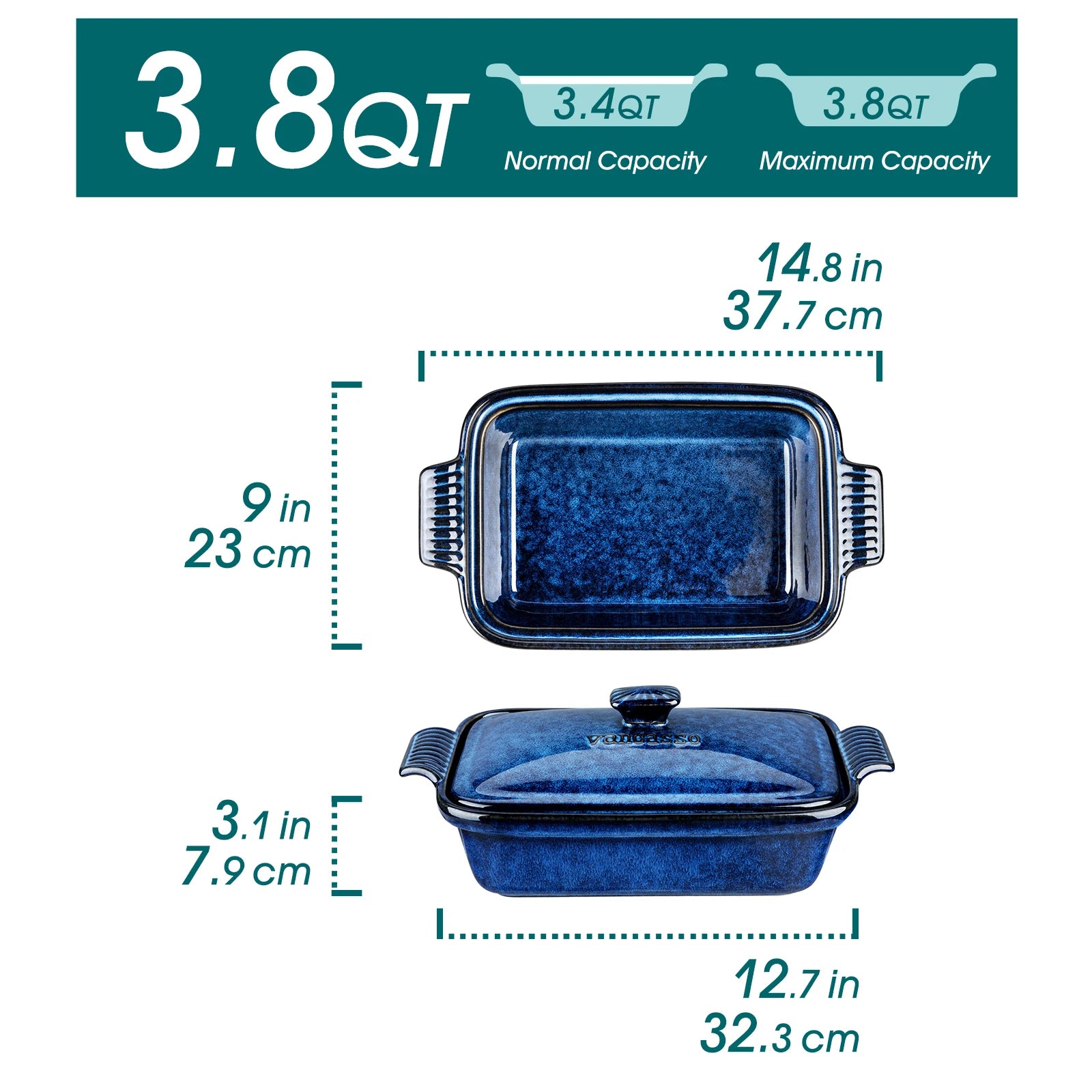 Vancasso Starry Casserole Dish - Blue Stoneware, 3.8/1.9QT, Lidded & Microwave-Safe
