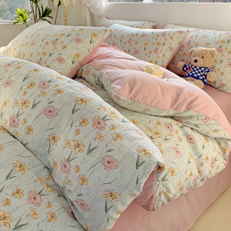 Fresh Botanical Floral Bedding Set Pink Flower Duvet Cover Bed Sheet Soft Quilt Cover with Pillowcase 200x230cm 4pcs No Filler