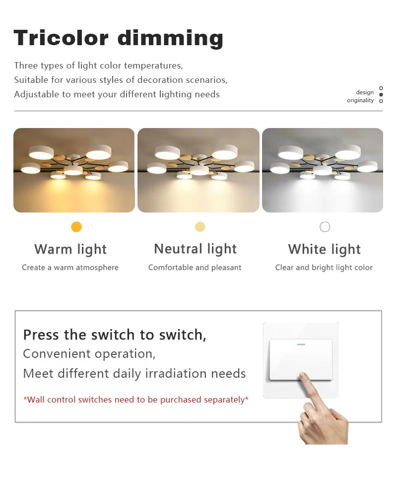 Modern LED Ceiling Light with Wood Design & 3 Light Colors