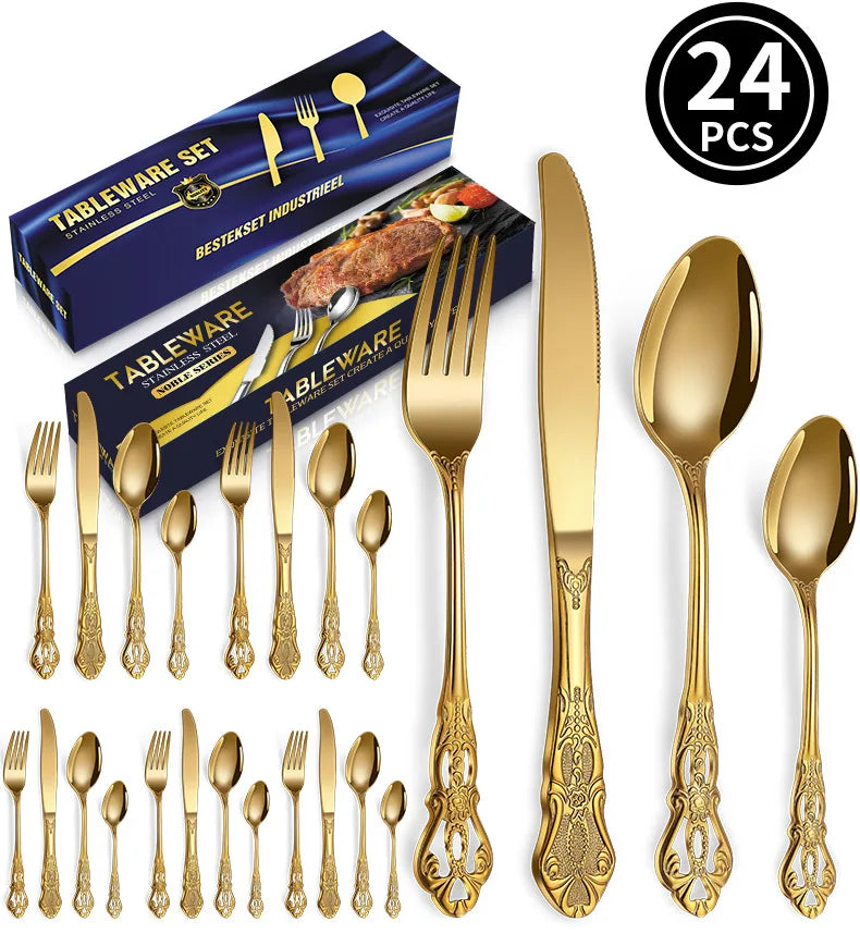 24pcs KuBac Luxury Golden Stainless Steel Steak Knife Fork Set Gold Cutlery Set With Luxury Wood Gift Box 16Pcs Drop Shipping