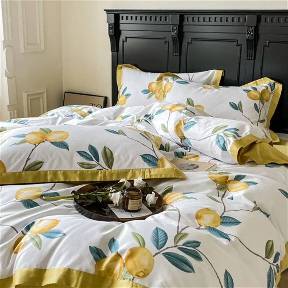 Svetanya Yellow Lemon Fruit Fresh Bedding Set Satin Egyptian Cotton Duvet Cover Set Queen King Size Linens Pillowcases