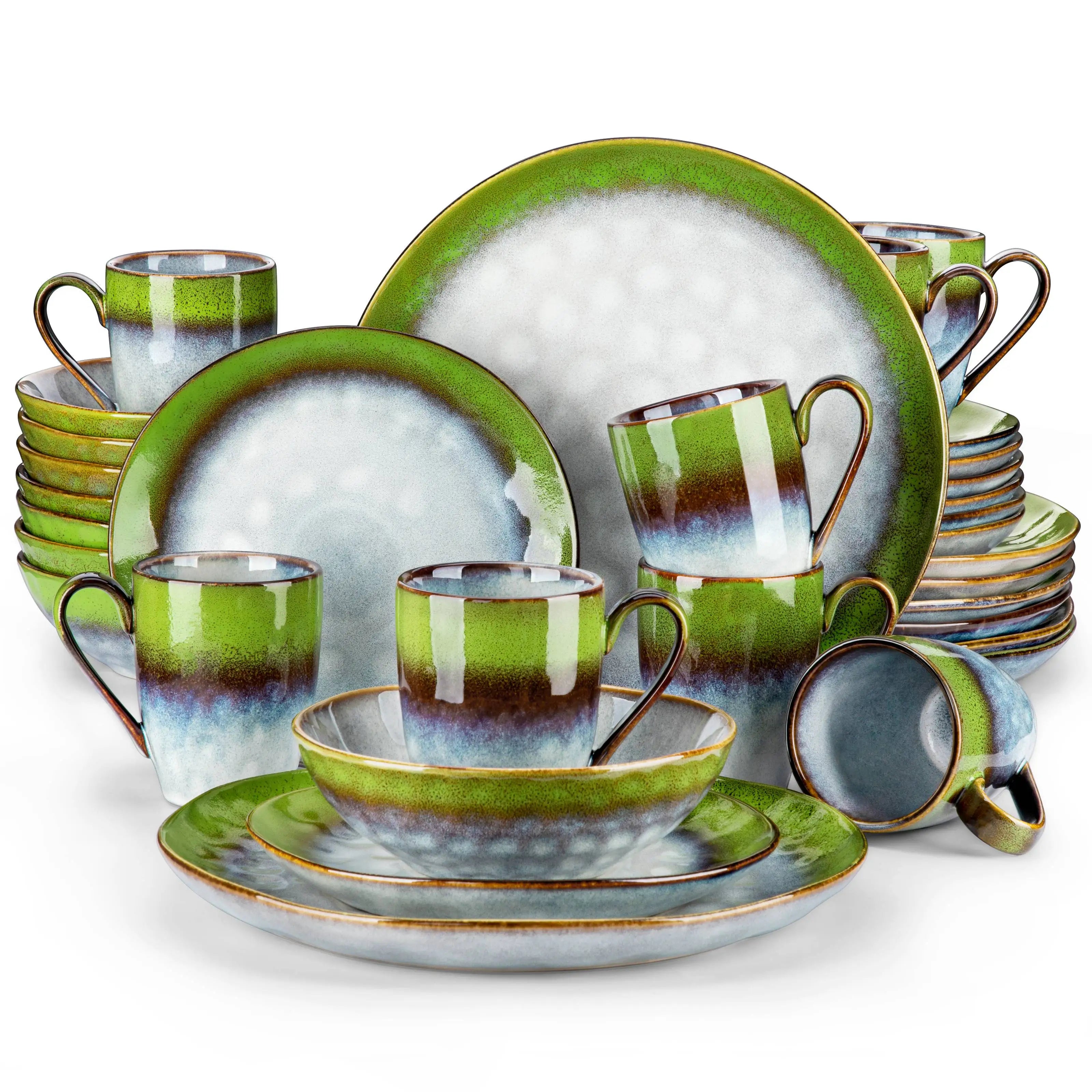 vancasso 16/32/48-Piece Dinner Set,Red Green Kiln Change Glaze Tableware Dinner Service with Dinner Plate,Dessert Plate,Bowl,Mug