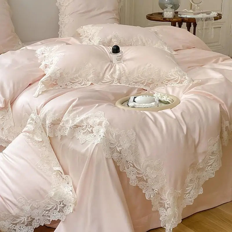 French Romantic Wedding Bed Set - White Lace, Egyptian Cotton