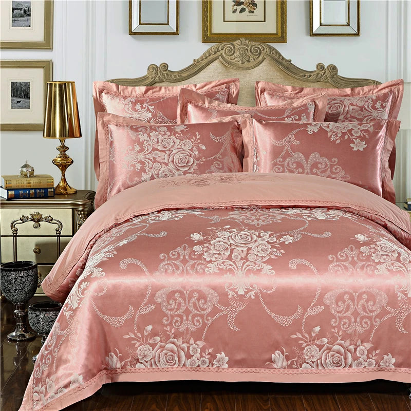 Luxury Jacquard Bedding Sets Floral Grey Pink Comfort A/B High-End Embroidery Duvet Pillowcase Flat Bed Sheet Queen King Size