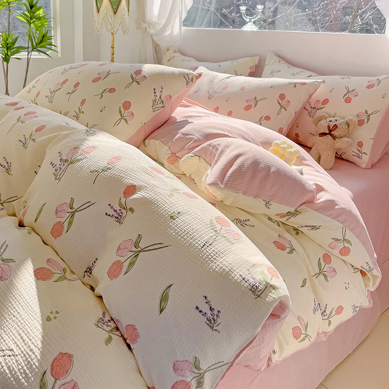 Fresh Botanical Floral Bedding Set Pink Flower Duvet Cover Bed Sheet Soft Quilt Cover with Pillowcase 200x230cm 4pcs No Filler