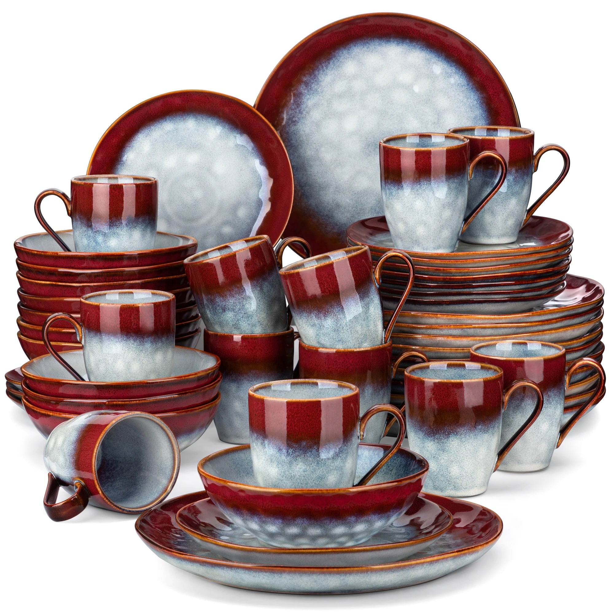 vancasso 16/32/48-Piece Dinner Set,Red Green Kiln Change Glaze Tableware Dinner Service with Dinner Plate,Dessert Plate,Bowl,Mug