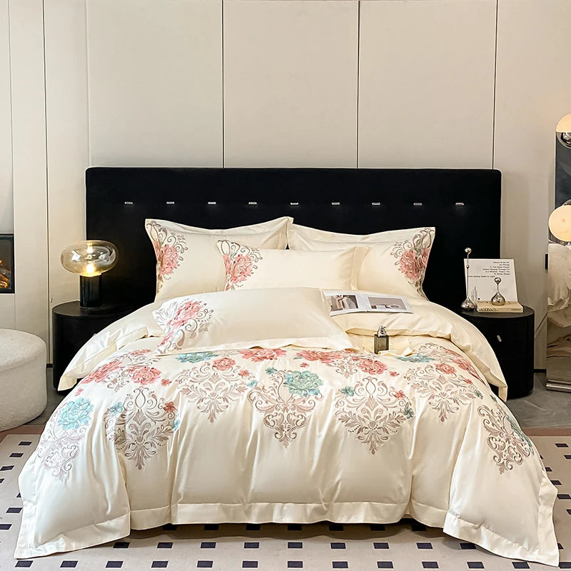 2025 New 100%Cotton Chic Embroidery Bedding Set Double Queen King 4Pcs Duvet Cover Flat/Fitted Bed Sheet Pillowcases