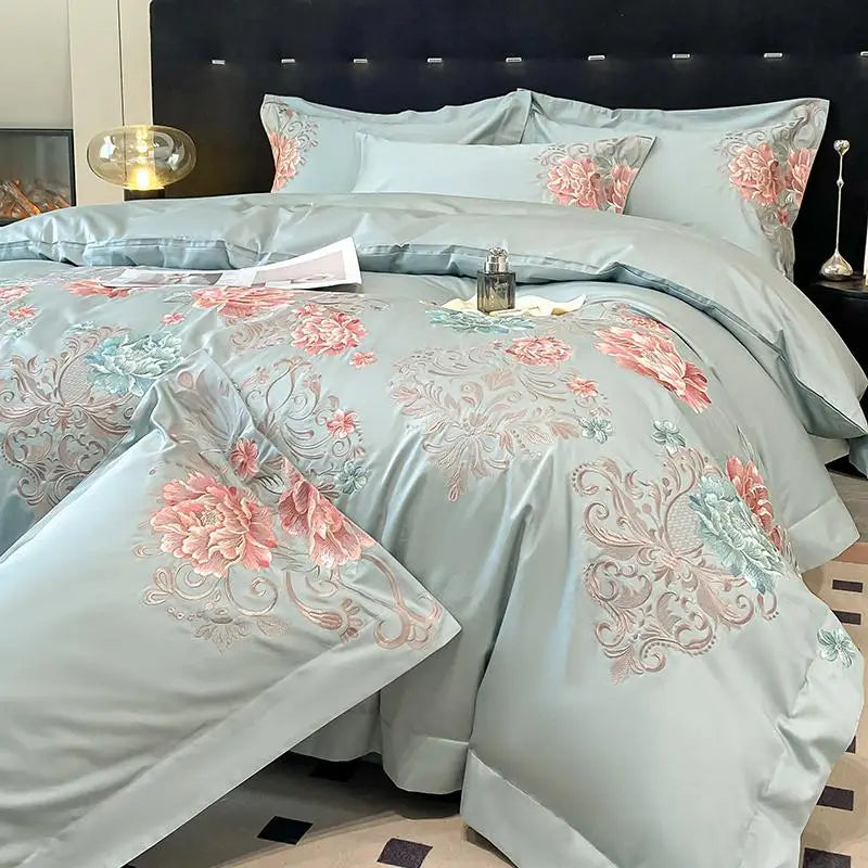 2025 New 100%Cotton Chic Embroidery Bedding Set Double Queen King 4Pcs Duvet Cover Flat/Fitted Bed Sheet Pillowcases