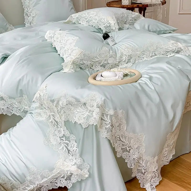 French Romantic Wedding Bed Set - White Lace, Egyptian Cotton