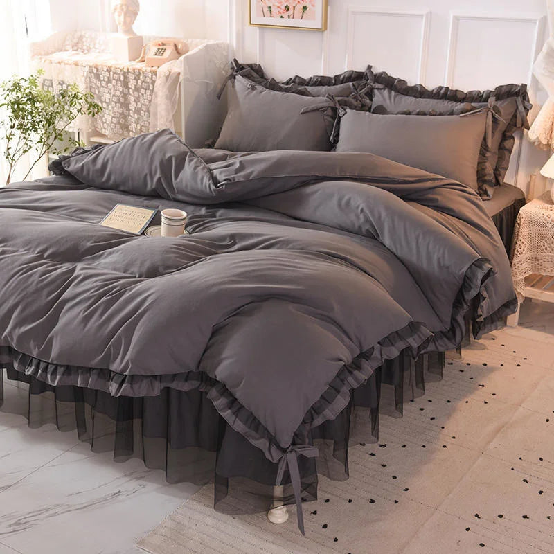 Luxury Black Princess Bed Set - Kawaii Style, 4-Piece, Duvet Cover