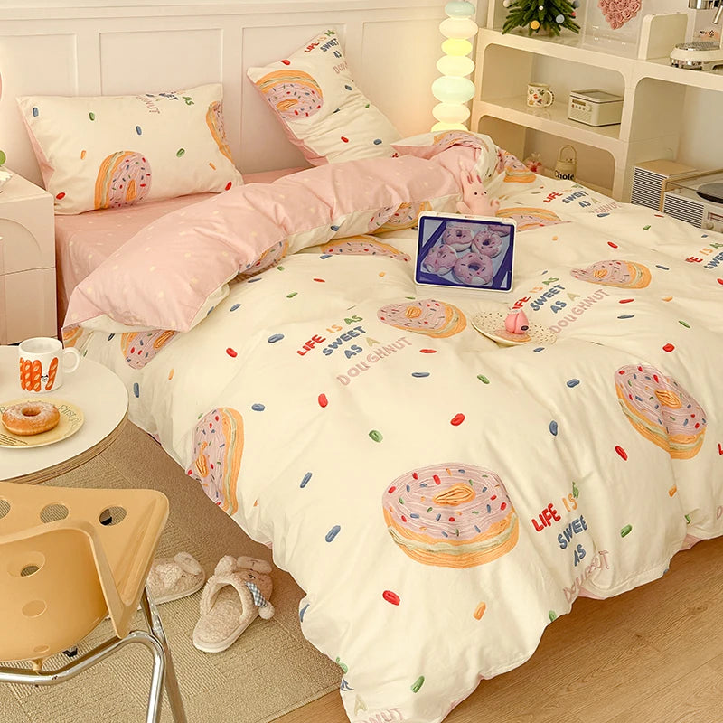 Kawaii Cute Donuts Bedding Set Flat Bed Sheet Girls Duvet Cover Single Double Full QueenSize Soft Bedclothes Pink Bedroom Linen