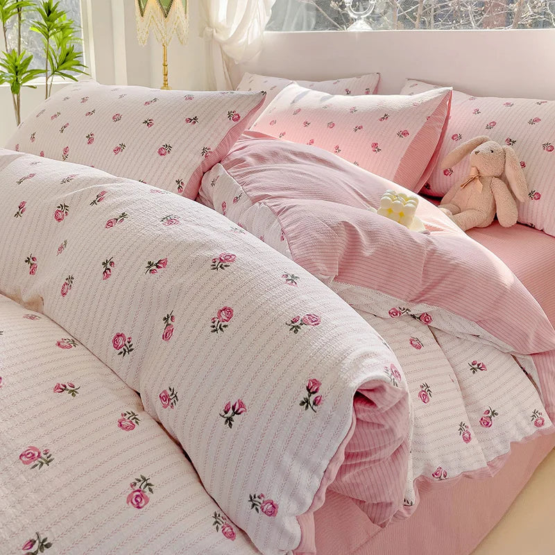 Fresh Botanical Floral Bedding Set Pink Flower Duvet Cover Bed Sheet Soft Quilt Cover with Pillowcase 200x230cm 4pcs No Filler